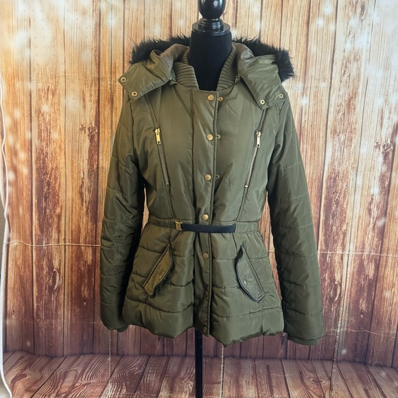 Rampage Women’s Military Olive Puffer Jacket with Faux Fur Hood Size Large - Picture 2 of 12
